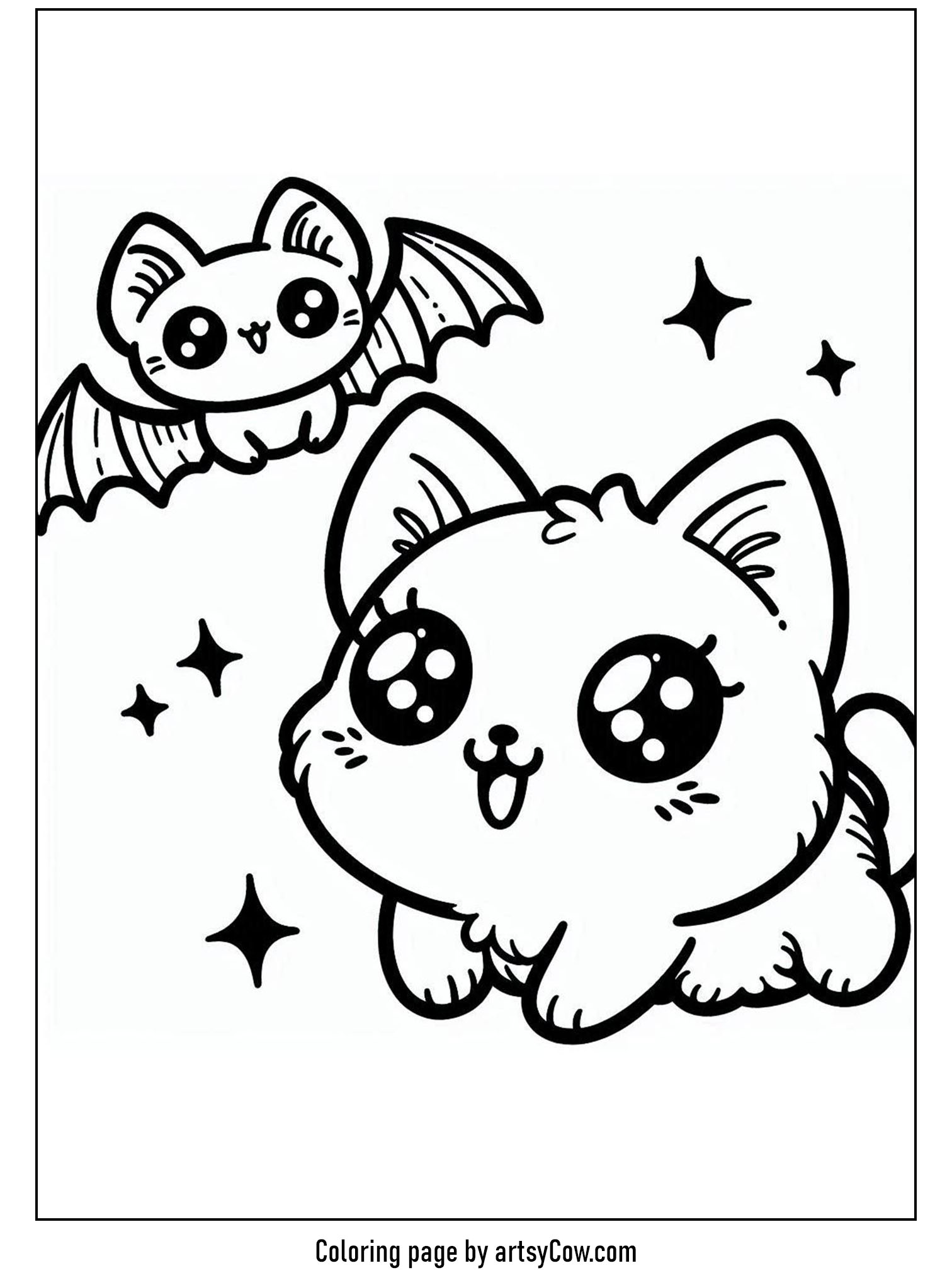 halloween coloring pages with bats, featuring a cute black cat and an adorable flying bat surrounded by stars.
